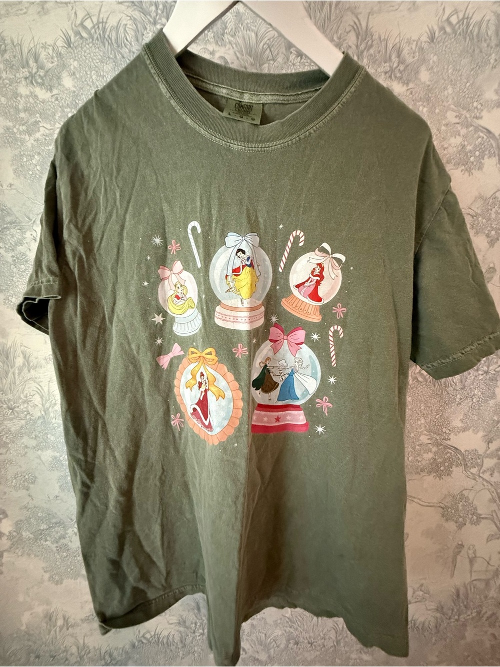 Disney Princess Comfort Colors Olive Green Holiday Snow Globe Graphic Tee - L